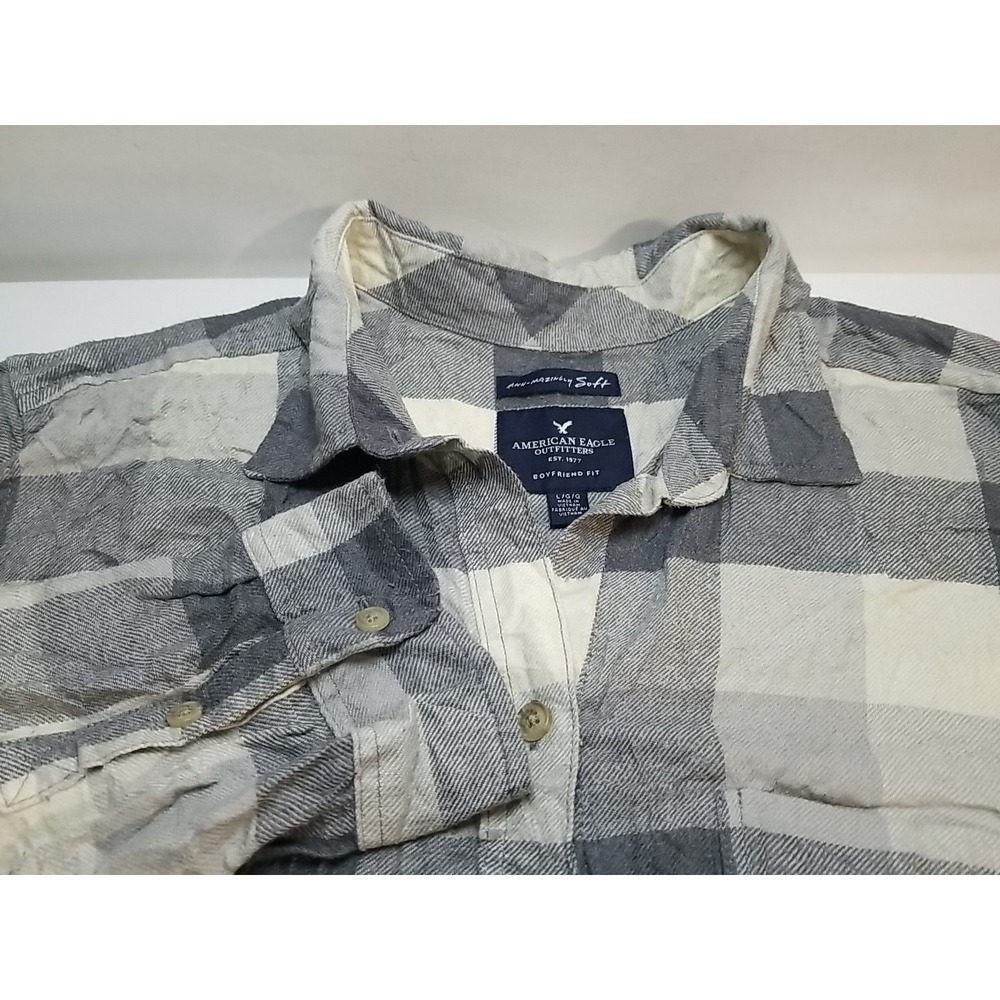 American Eagle Womens Large Grey Plaid Boyfriend Flannel Button‎ Up Shirt